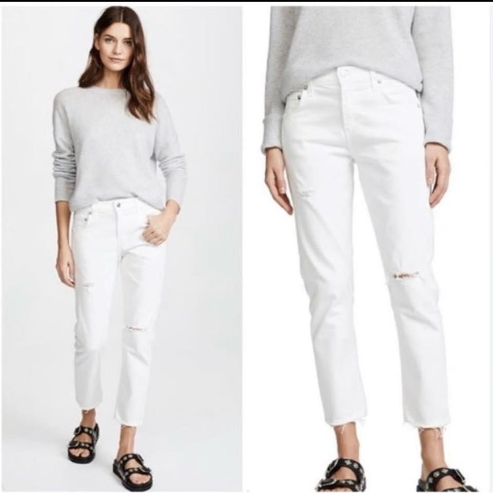 Agolde Isabel White Mid Rise Straight Slim Distressed Ankle Jeans
